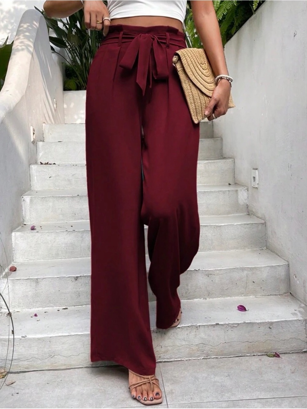 SHEIN Burgundy High-Waist Wide Leg Pants with Tie Waist
